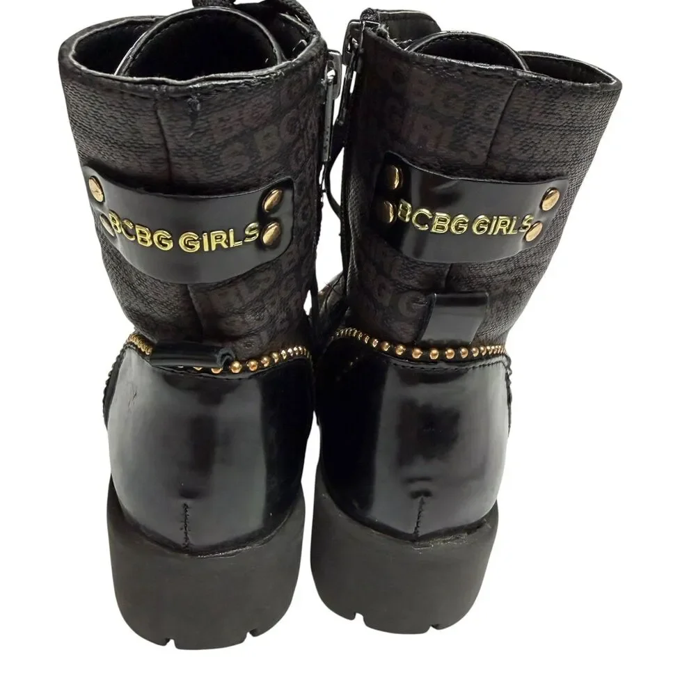 BCBG Girls Combat Boots Faux Leather Logo Stud Lace Up Lug Sole Big Girl 1